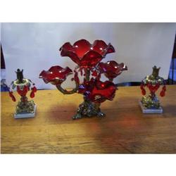 Large Red Glass & Metal Epergne w/Candle #1812472