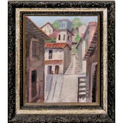 ORIG PAINTING HILLSIDE VILLAGE STREETSCAPE IN #1812601