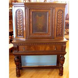 Rare Carved Walnut China Cabinet with Patterned#1812633