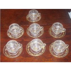 7 gilt etched glass tea punch cups & saucers  #1814367