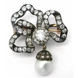 Victorian  Bow Pin with Diamonds and Pearl #1822505