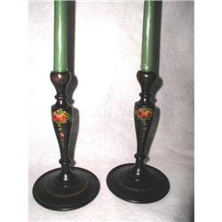 Tole Candlesticks Wooden Hand Painted C.1900 #1845203