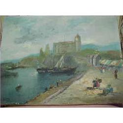 ART OIL PAINTING  OF BOATS IN PORT #1845439