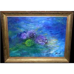 ORIG PAINTING IMPRESSIONISTIC FLOWERS ON BLUE #1845515
