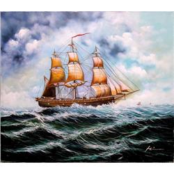ORIG OIL PAINTING 3-MASTED SCHOONER ON HIGH #1845516
