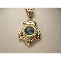 14K Gold Etruscan Greek Key Blue Topaz Pendant #1845641