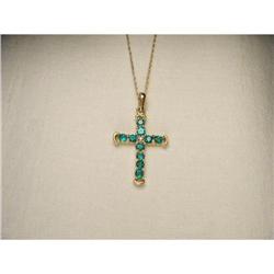 14K YG Emerald Diamond Cross Pendant Necklace #1845667
