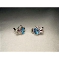 14K WG Blue Topaz Garnet Diamond Heart Earrings#1845668