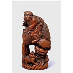 Old Chinese Bamboo Boy Ride Fu Dog & Pup  #1845713