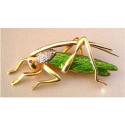 18K Gold,  Diamond and Ruby "Baby Cicada" Pin #1845920