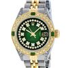 Rolex Ladies 2 Tone Green Vignette Diamond Lugs & Emerald Datejust Wriswatch