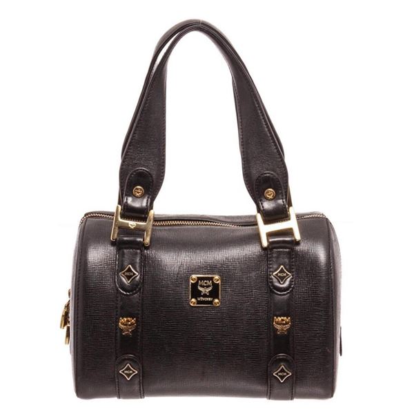 MCM Black Leather Boston Tote Bag