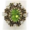 Vintage 14K Yellow Gold 2.43 ctw Oval Peridot Diamond & Black Enamel Halo Ring