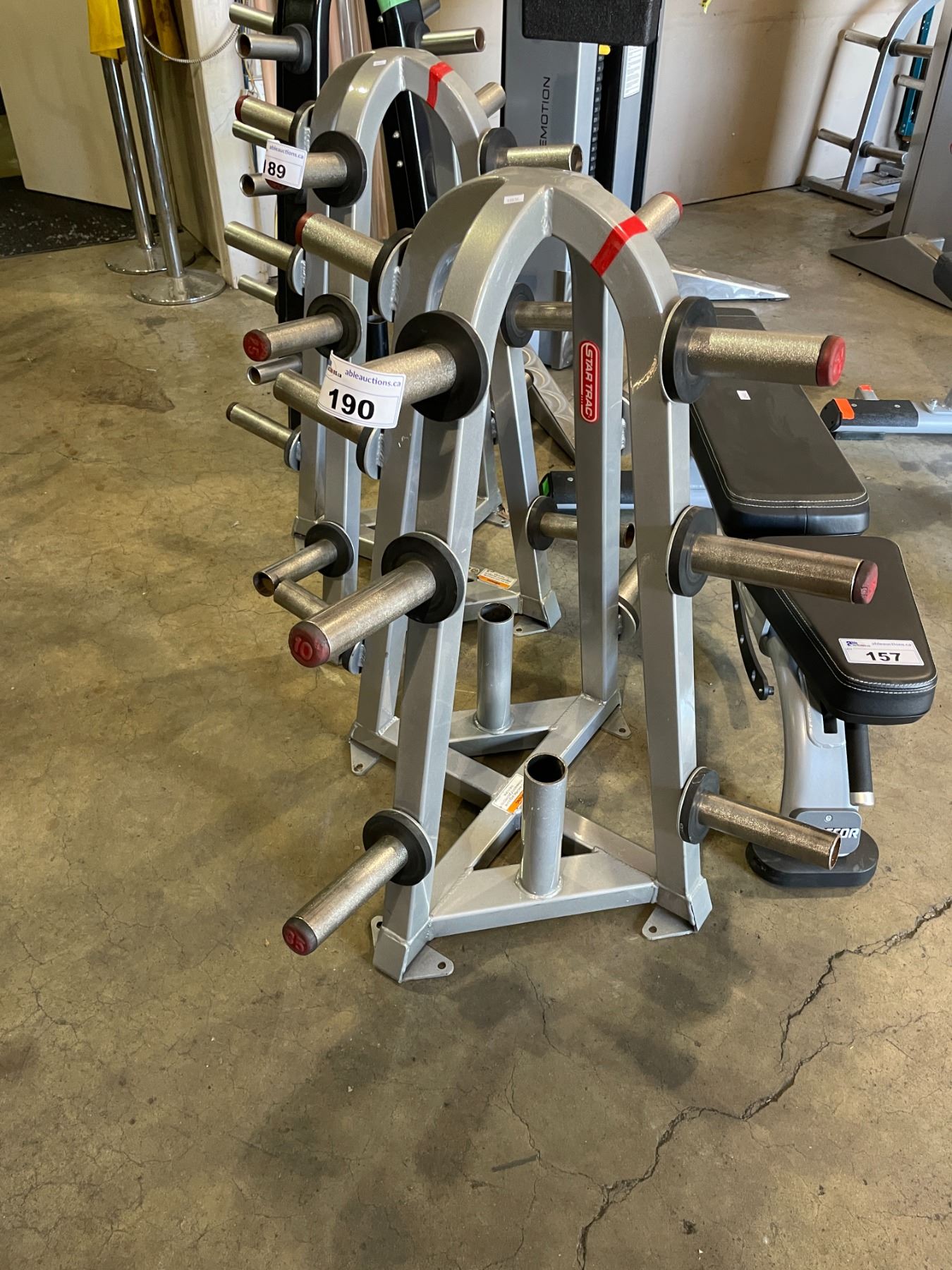 STAR TRAC COMMERCIAL 12 STATION FREE WEIGHT RACK SYSTEM WITH 2 BAR HOLDERS