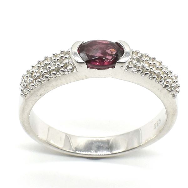 SILVER GARNET CZ(0.9CT) RHODIUM PLATED RING