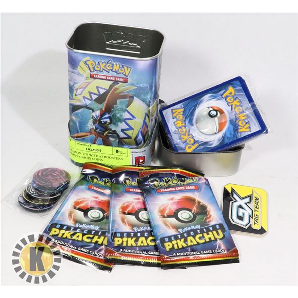 POKEMON TIN WITH x3 BOOSTERS ENERGY CARDS COINS