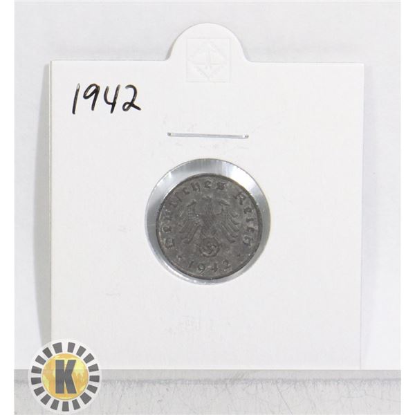 1942 WWII NAZI GERMANY 1 REICHSPFENNIG COIN