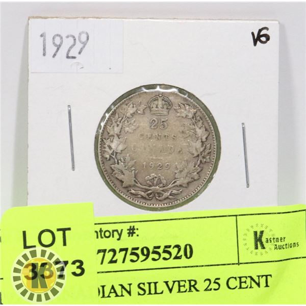 1929 CANADIAN SILVER 25 CENT COIN
