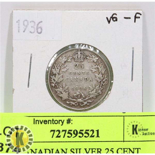 1936 CANADIAN SILVER 25 CENT COIN