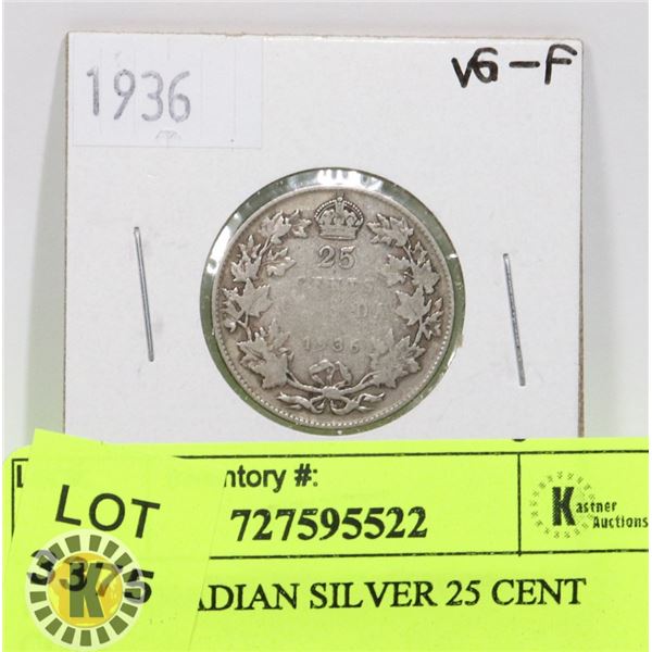 1936 CANADIAN SILVER 25 CENT COIN