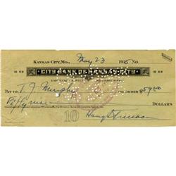Harry S. Truman 1925 Check Signed. Document