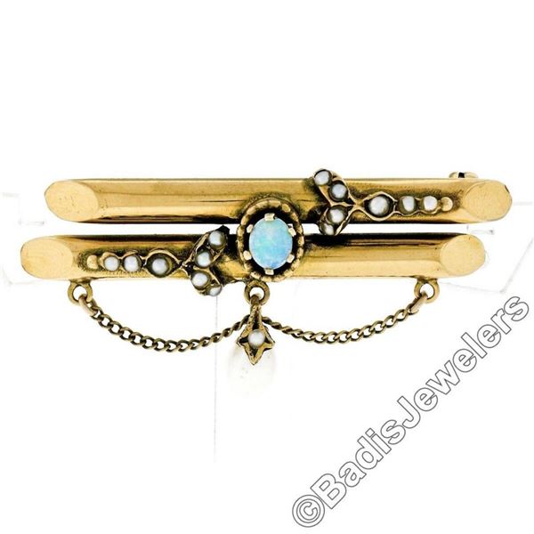 Victorian 14kt Gold Opal, Seed Pearl, & Natural Pearl Dangle Dual Bar Brooch