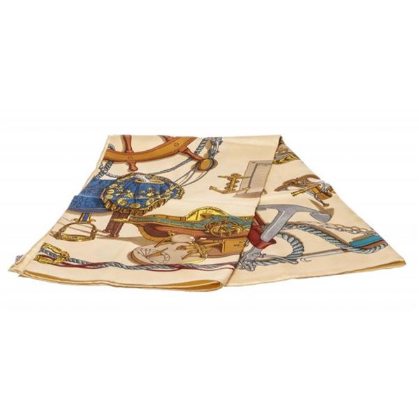 Hermes Beige Bateau A Vapeur De Jouffroy D'Abbans Silk Scarf