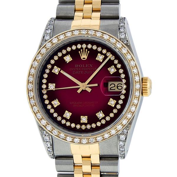 Rolex Mens 2 Tone Diamond Lugs Red Vignette Diamond 36MM Datejust Wristwatch