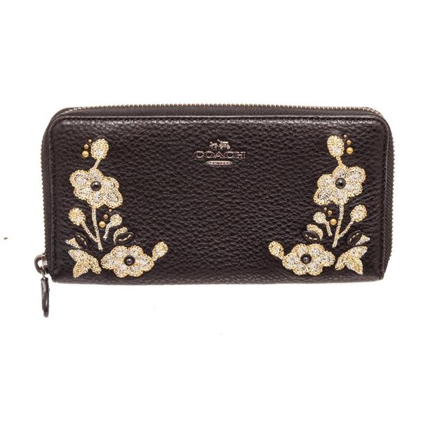 Coach Black Leather Floral Accordian Zippy Wallet