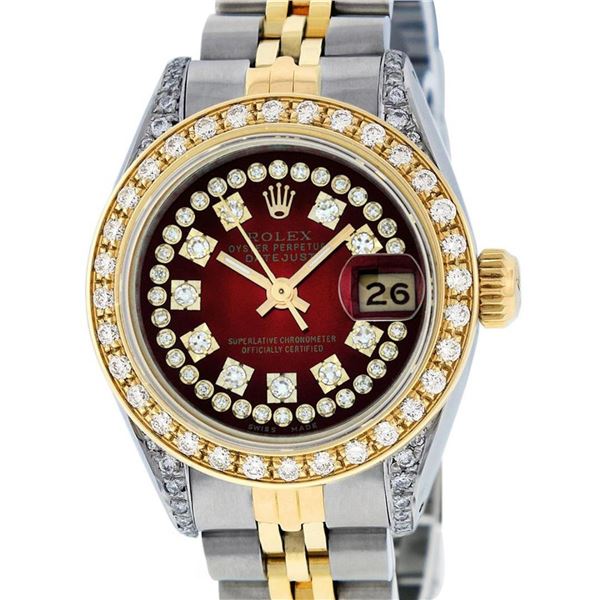 Rolex Ladies 2 Tone Red Vignette Diamond Lugs 26MM Oyster Perpetual Datejust Wri