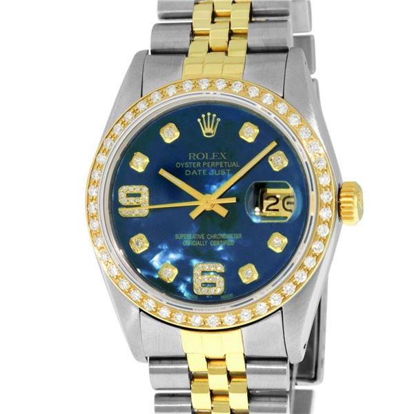 Rolex Mens 2 Tone Blue MOP Diamond 36MM Datejust Wristwatch