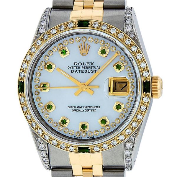 Rolex Mens 2 Tone Lugs MOP Emerald & Diamond 36MM Datejust