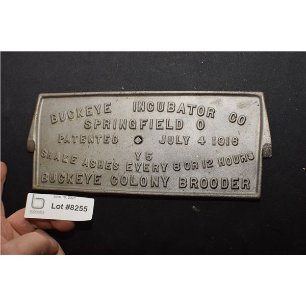 BUCKEYE INCUBATOR CAST IRON PLAQUE