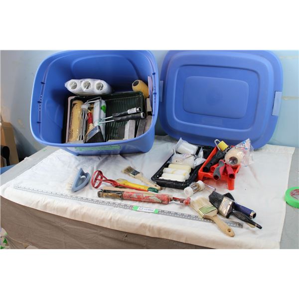 Blue Tote with Painting Supplies, Brushes, Rollers, Sandpaper, Etc