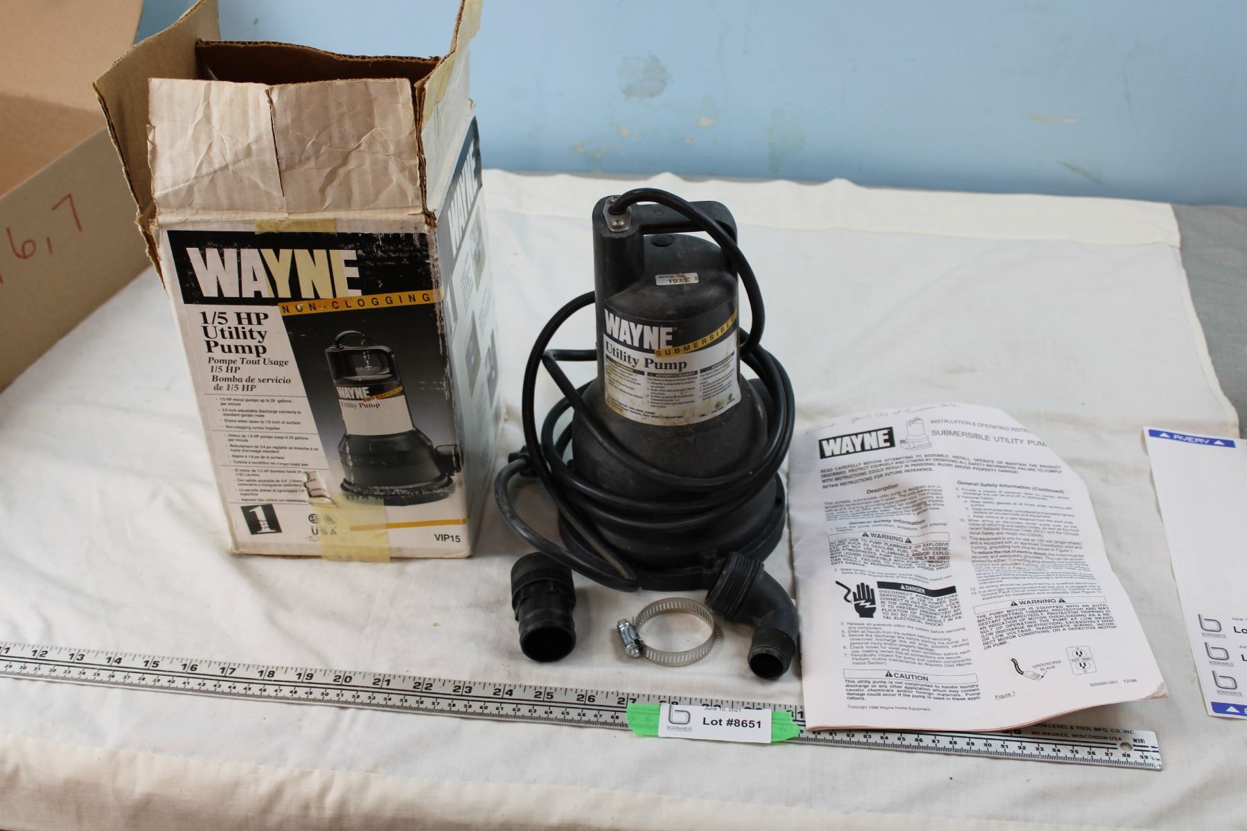 Wayne 1/5 HP Utility Pump (Used Twice) Submersible with Manual