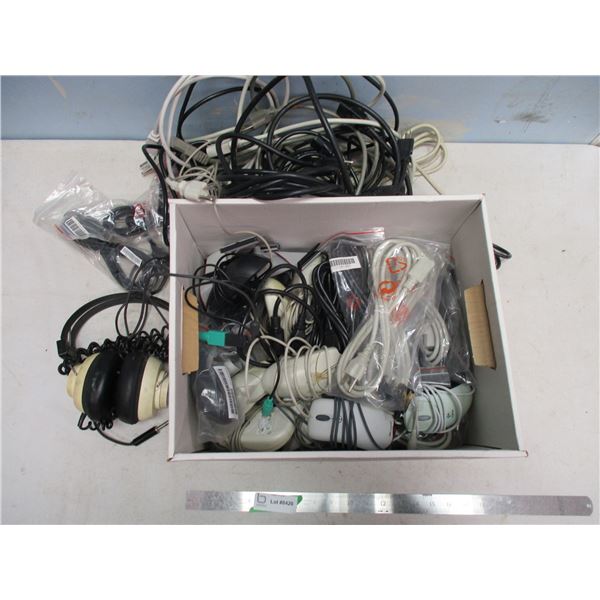 Box of Computer Power Cords and Mouses