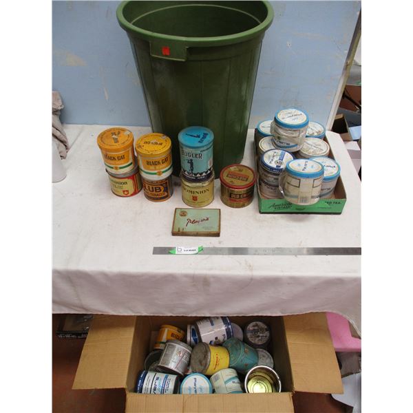 Large Amount of Round Tobacco Tins and Plastic Garbage Can