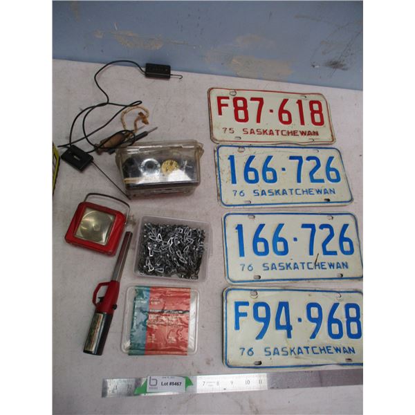 Box of Automotive Parts and 1975 + 76 Sask Licence Plates