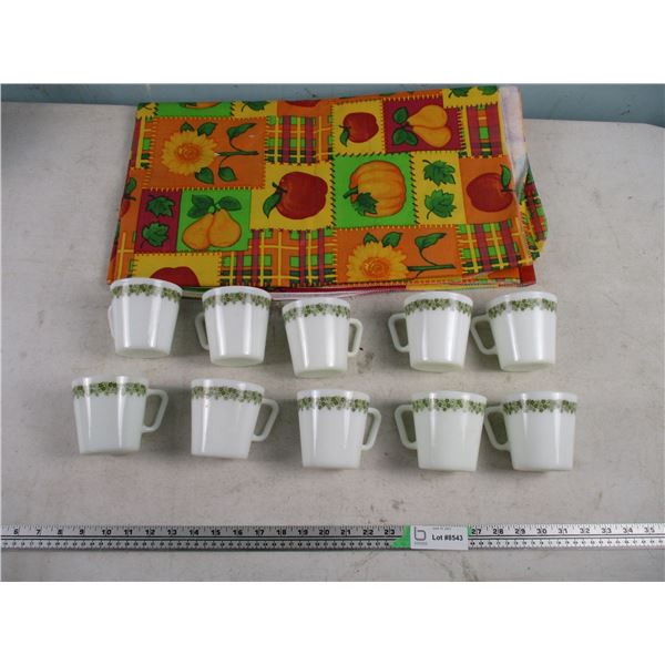 10 Pyrex Coffee Cups and Tablecloth