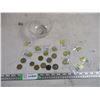 Image 1 : Etched Glass Bowl with Metal Tokens + Coca Cola Olympic Coins