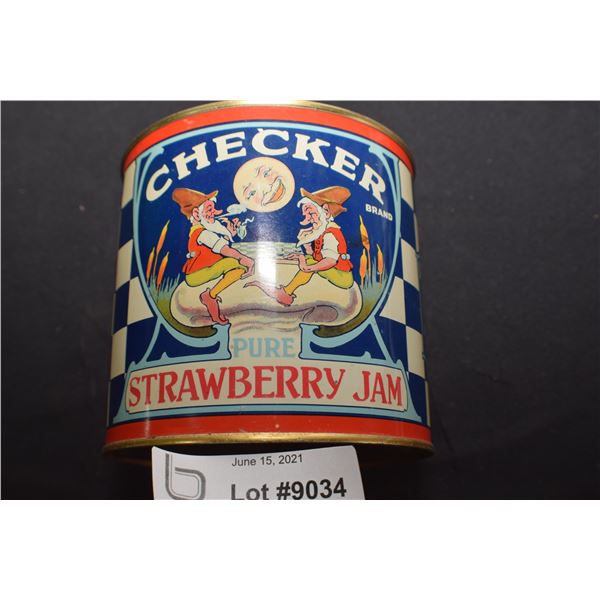 RARE CHECKERS JAM TIN ---GREAT GRAPHICS
