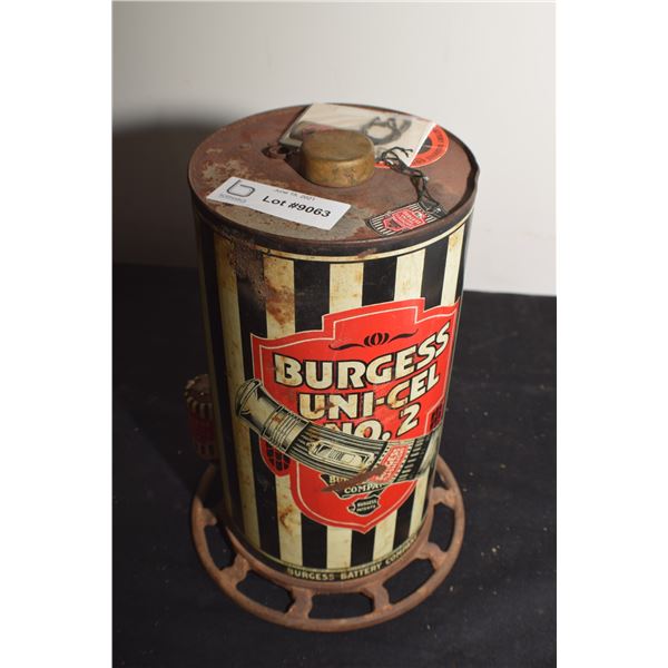 RARE STORE DISPLAY AND BATTERY TESTER -- BURGESS BATTERIES -- LITHO TIN WITH CAST BASE