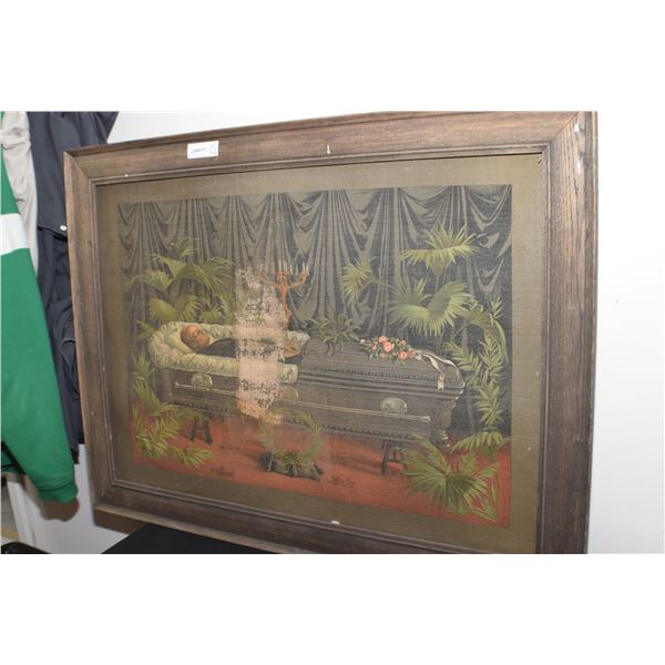 LARGE FRAMED FUNERAL PICTURE PAINTED ON A METAL SCREEN