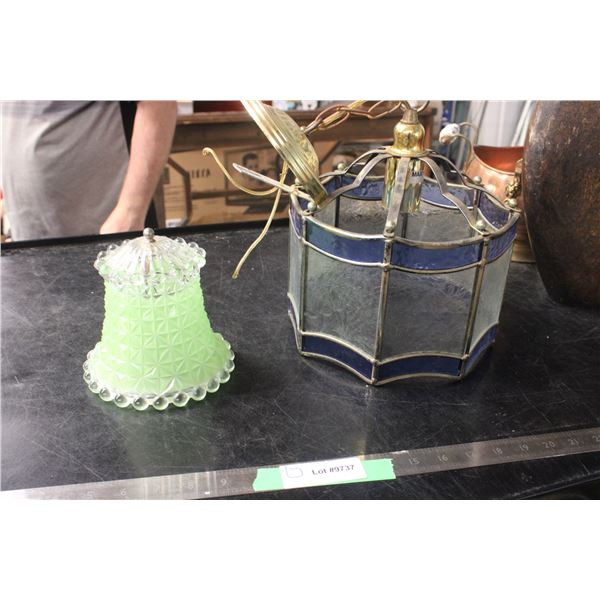 Chandelier Blue and White Glass and Green Glass Shade