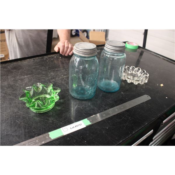 2 Blue Canning Jars and Misc Glass Pieces