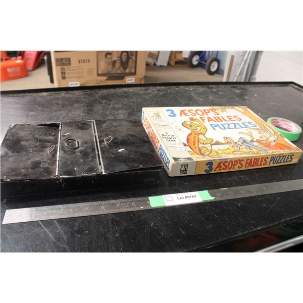 Tin Storage Unit and Aesops Fables Puzzle
