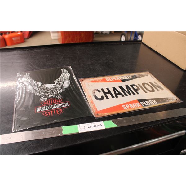 (2X THE MONEY) Tin Signs Champion Spark Plugs and Harley Davidson