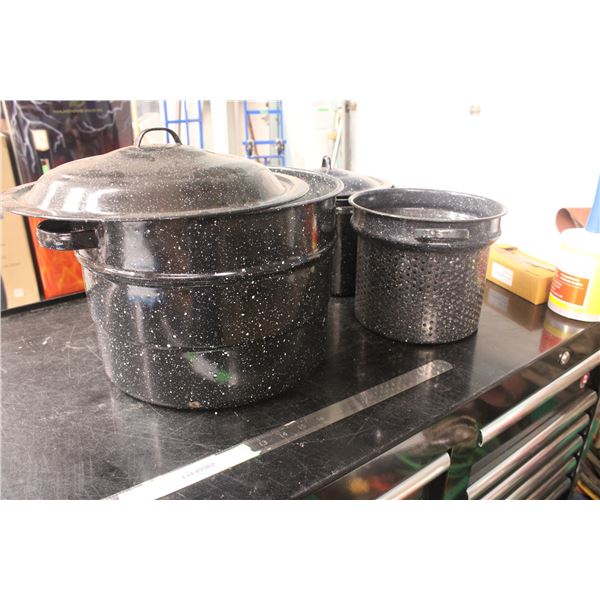 Lot of Enamel Pots and Canner