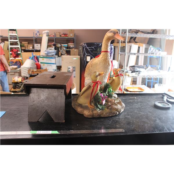 Wooden Stool with Ducks Ornament