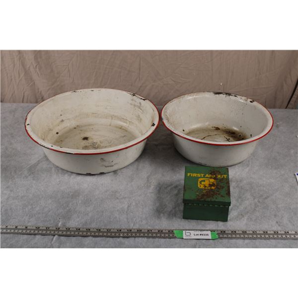 Enamel Bowls + Vintage First Aid Kit